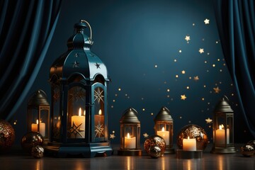 Obraz premium Ramadan theme decorated with glowing lanterns and crescent moon for elegant poster background professional photography
