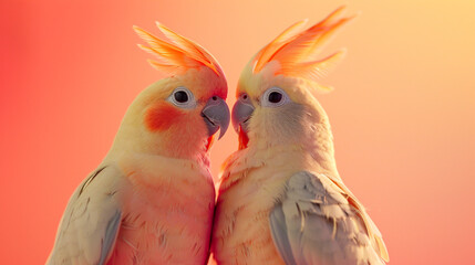 A pair of loving cockatiels, their crests touching in a heart shape, on a warm peach-colored...