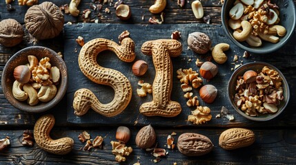 Una dieta sana a base de frutos secos. La palabra SÍ de nueces. Inscripción para la nutrición de frutos secos. Un signo de belleza y salud. Nueces en forma de la palabra YES. ¡Di SÍ a las nueces! 