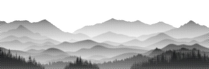 Vector halftone dots background, fading dot effect. Imitation of a mountain landscape, banner, shades of gray.