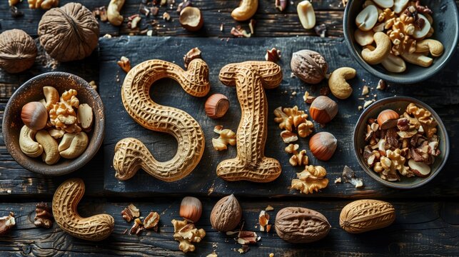 Una dieta sana a base de frutos secos. La palabra S&Iacute; de nueces. Inscripci&oacute;n para la nutrici&oacute;n de frutos secos. Un signo de belleza y salud. Nueces en forma de la palabra YES. &iexcl;Di S&Iacute; a las nueces! 