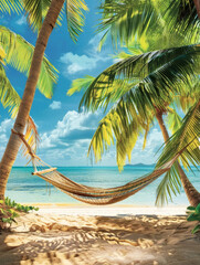 tranquil of hammocks, palm trees and tropical landscapes, sandy beach with blue sky and puffy white cloud. relaxation of summer on the beach background with copy space