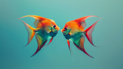 A pair of majestic angelfish in a graceful dance, their vibrant colors accentuated against a solid...