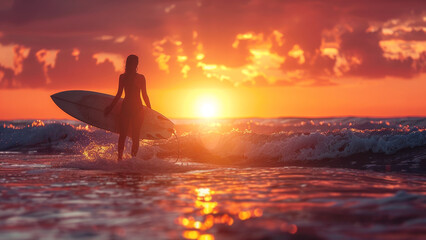 silhouette back view of woman enjoy with surfboard at sunset beach