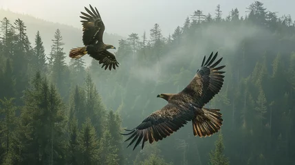  A pair of majestic eagles soaring high above a dense evergreen forest, their wings outstretched against a clear sky. © Artist