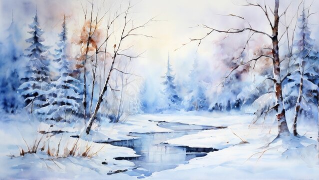 A magical winter landscape with snow-covered trees. Watercolor painting.