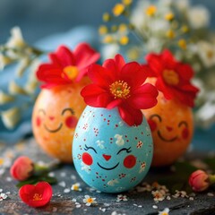 Easter Eggs with Smiley Faces - Decorated with Red Flowers