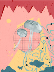 Animal Surreal Art Collage. Vector Illustration. Landscape Artwork. Poster Print. Pet Wild Life. Surrealism Flying Concept Beautiful. Asbtract Weaves Red Green Color Vintage Retro Geometric Line Grid
