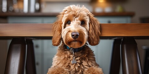 Goldendoodle dog poses for camera on kitchen chair.