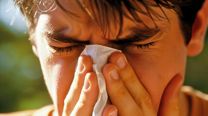 Health problems and illnesses. Runny nose and sneezing. Man Portrait - obrazy, fototapety, plakaty