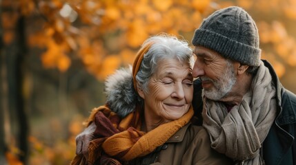 An older couple enjoying a tender moment in autumn, Fictional Character Created By Generated AI.