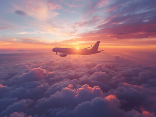 Airplane flying in the sky with clouds and sun