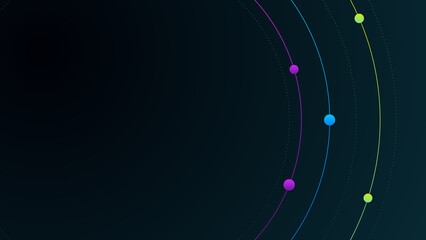 Abstract circle lines with colorful dots. Dark black background with deep blue gradient colors. Space for your text. Computer illustration. - obrazy, fototapety, plakaty