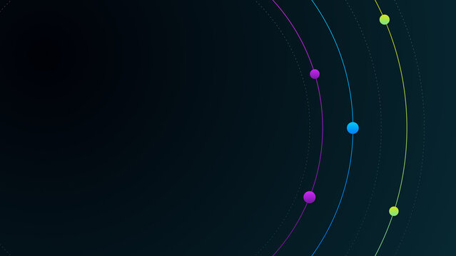 Abstract circle lines with colorful dots. Dark black background with deep blue gradient colors. Space for your text. Computer illustration.