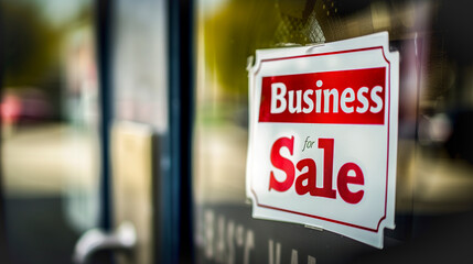 detail of a "Business for Sale" sign displayed on the door of a storefront - business transfer concept
