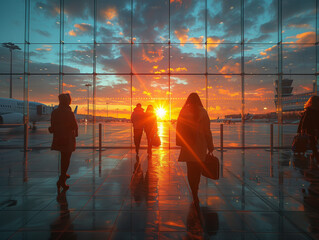 Modern Airport with glass wall at sunset