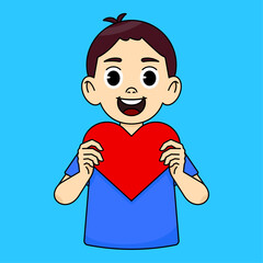 Boy smiling happily holding big red heart