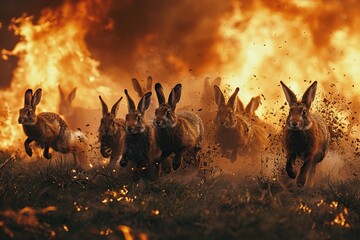 hares run away from a burning field