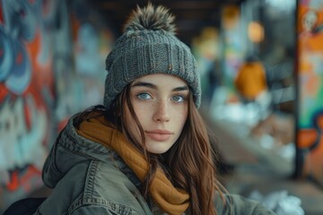 Young woman in a winter hat against an urban graffiti background