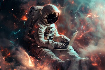 An astronaut in a spacesuit works on a laptop in outer space nebula.