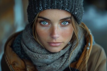 Close-up on a woman's face with striking green eyes and a beanie
