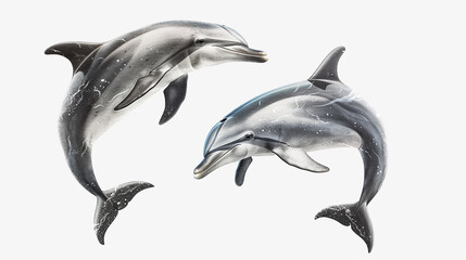 A pair of playful dolphins leaping in unison, framed against a clean and pure white background.