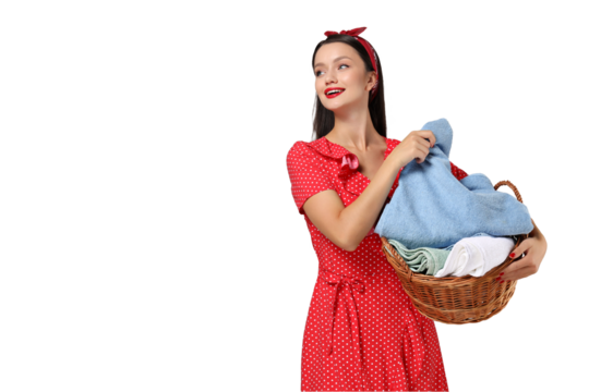 A girl, a housewife, with a basket of laundry.