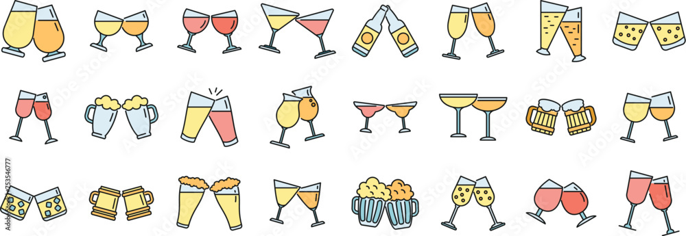 Poster Cheers icons set outline vector. Beer toast. Bottle drink color line isolated