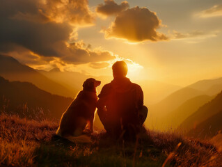 Alone male tourist with his dog friend looking at beautiful sunset view in mountains, Peak affection: Owner and dog silhouette in mountain landscape, a display of love. AI generated image