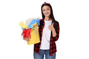 Housewife girl with means for cleaning the house, on a gray background.