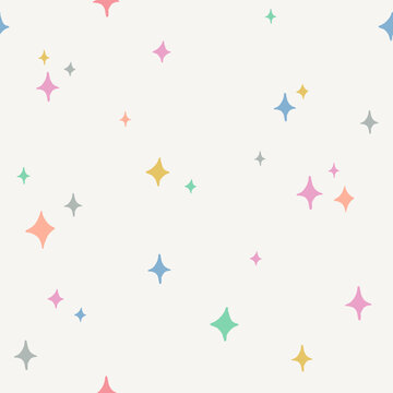 Seamless pattern with four point stars, cute vector hand drawn colorful starry sky
