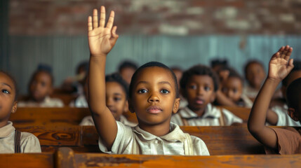 Children proudly raising their hands during a lesson at an elementary school