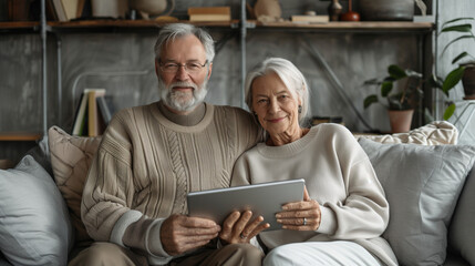 An elderly husband and wife sit on a sofa in their room and hold a tablet for Internet communication and useful applications