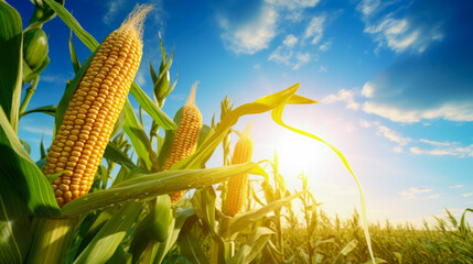 A mature ear of golden corn, displaying its intact kernels, thriving in an organic corn field