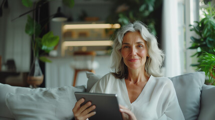 A middle age woman sits on a couch and holds a tablet for Internet communication and useful applications - obrazy, fototapety, plakaty