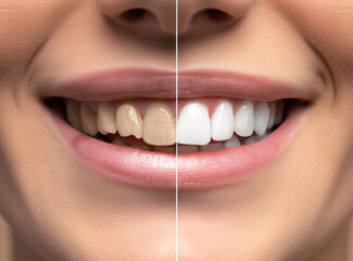 A comparison showing a woman's teeth before and after undergoing a whitening treatment