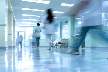 Interior of a health care center, people are moving, motion blur. Created with Generative AI technology.
