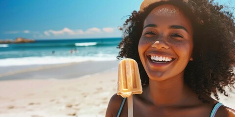 African American girl eating ice cream on the beach close-up Generative AI