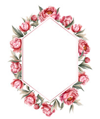 Watercolor peonies frame. Vector floral peony template. For wedding invitation, poster and card.
