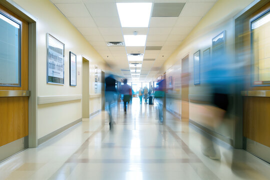 Interior of a health care center, people are moving, motion blur. Created with Generative AI technology.