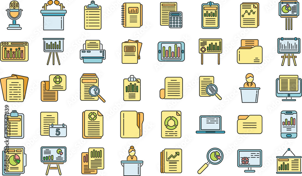 Poster report icons set outline vector. performance chart. data document color line isolated