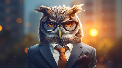 Papier Peint photo autocollant Dessins animés de hibou An owl bird donned in a smart suit animal concept with building and sky in blur and bokeh bakground Animal Fashionista.