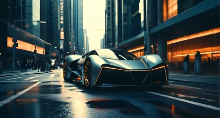 Fotobehang Modern futuristic sport race car in city street at night, auto background, automotive wallpaper, template with copy space area © Karlo