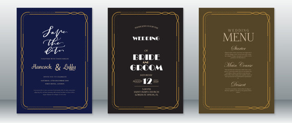 Luxury wedding invitation card template design elegant with golden frame ornament and dark background
