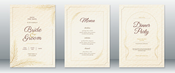 Luxury wedding invitation card template design vintage with gold frame and leaf on white paper texture  