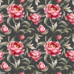 Deurstickers Seamless pattern with watercolor peonies on dark background. Watercolor botanical vector background © Hanna ArtLab