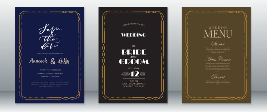Luxury wedding invitation card template design elegant with golden frame ornament and dark background
