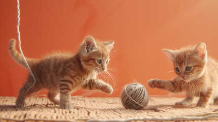 A pair of playful kittens chasing a ball of yarn on a soft peach-colored surface.