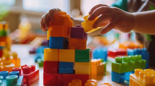 child hands playing with colorful building blocks, kid building tower with plastic blocks at home or kindergarten