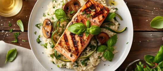 Grilled salmon with zucchini, mushroom, and basil risotto - Powered by Adobe